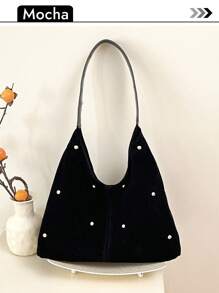 Túi đeo vai lưỡi liềm đinh tán bằng da lộn thời trang mới, Túi lưỡi liềm sức chứa lớn dành cho phụ nữ - màu đen - Xem 1