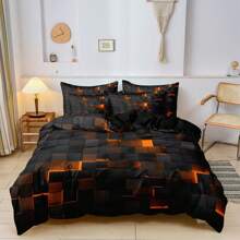 3pcs Quilt Doona Duvet Cover Bedding Set Geometric Grid Checked Plaid Printed, Ultra Soft & Comfortable, For Bedroom, Guest Room (1*Duvet Cover + 2*Pillowcase, Without Comforter & Pillow) - Orange Grid - 查看 2