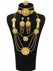 Set de joyería vintage de 5 piezas, de aleación de cobre chapado en oro de 24K, con un estilo exagerado que incluye collar, aretes y anillo, adecuado para mujeres, especialmente para bodas, fiestas y ocasiones de Ramadán