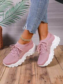 زوج واحد من أحذية رياضية لون وردي ثابت ناعمة ومريحة للنساء، مصنوعة من الأنسجة المنسوجة، التهوية، مناسبة للمدرسة والعمل والجري والرياضة والنزهات والحفلات والعشاء والتسوق والمواعدة، أحذية كاجوال مختلفة الاستخدامات ذات تصميم عصري - وردي - مشاهدة 5