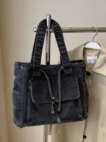 New Fashion Casual Solid Color Canvas Washed Drawstring Shoulder Bag, Spacious Multi-Pocket Tote Bag For Women - Black - View 8