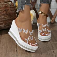 Bohemian Platform Wedge Transparent Rhinestone High Heel Sandals, Casual Versatile Fashion For Summer