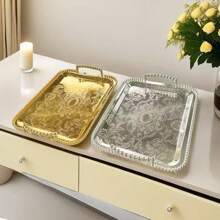 1pc Decorative Metal Rectangular Tray With Beaded Handles Serving Tray Hotel Decor, Suitable For Festival Center Decor, Hotel Home And Office Decor, Any Festival
