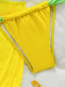 Contrast Color Mesh 3 PiecesBikini Set Set: Bikini Top, Bottom, And Cover Up Sarong Skirt, Vacation Summer - Yellow - View 4