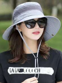 透气网眼拼接宽边运动帽，休闲户外徒步带可调节风绳（随机黑色纽扣款式，手工缝制隐藏纽扣位置误差2cm属正常现象）