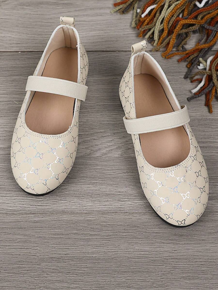 1 Pair Black Plus Size Girls' Flat Shoes, PU Material With Shiny Silver Pattern Decor, Strap Elastic Design, Round Toe, Soft & Comfortable Sole, Fashion Princess Shoes Suitable For 3-12 Years Old Girls, Daily, Party, Travel, Indoor & Outdoor Wear, Spring/Autumn 2026 New Arrival - Beige - View 1