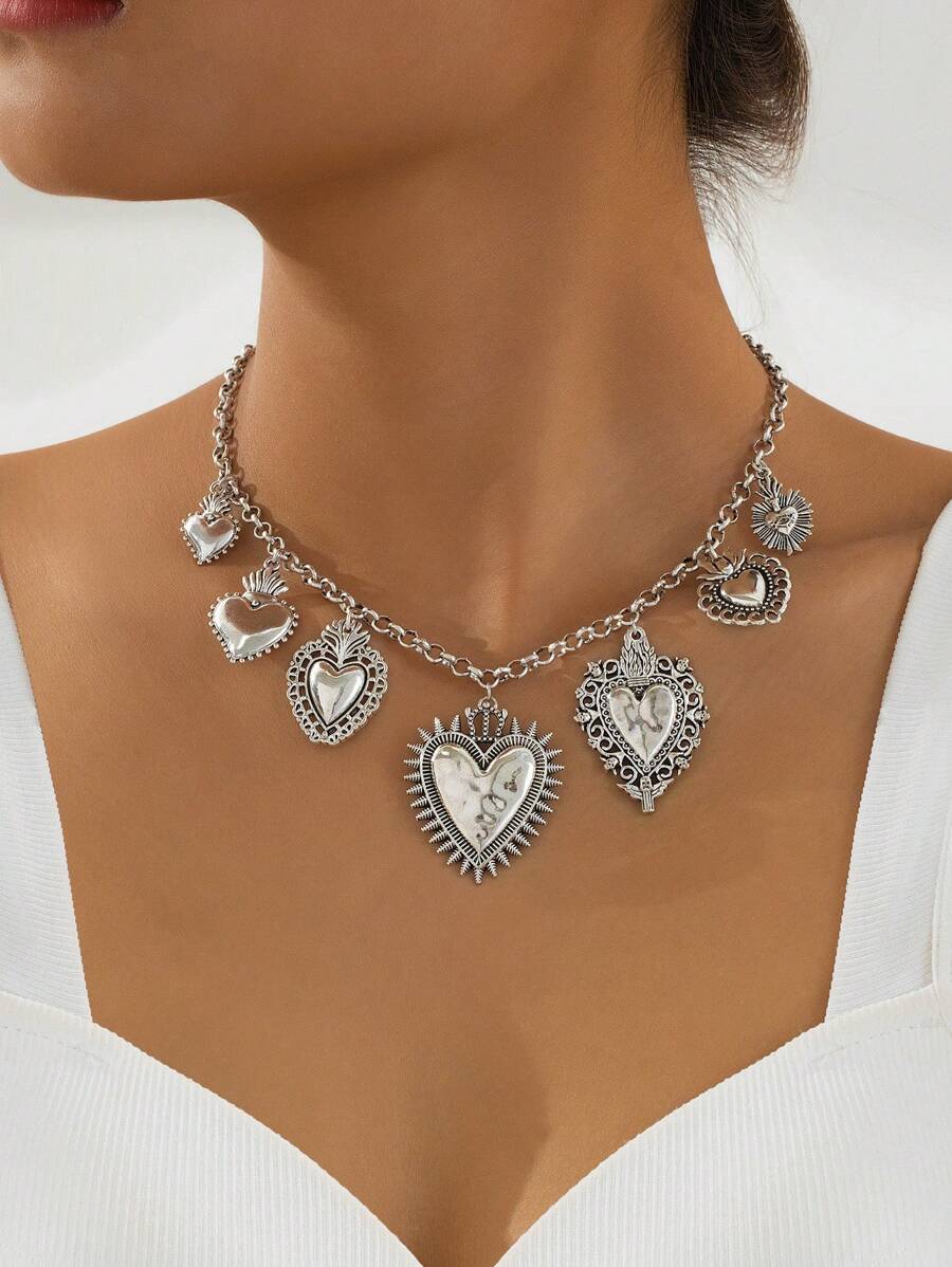 1pc Retro Religious Multiple Sacred Heart Pendant Necklace, Silver Chain, Stylish Women Jewelry, Suitable For Party And Gathering