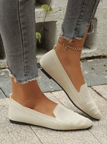 Women's Breathable Knit Pointed Toe Low Heel Flats, Slip-On Casual Shoes, Elegant Style For Daily Wear, Beige Ballet Flat