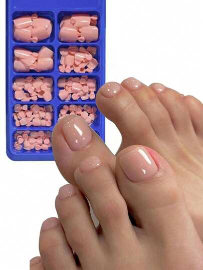 100片亮面假脚趾甲，12种尺寸/盒，裸色按压式指甲，全覆盖短方形假脚趾甲，人造足部美甲用品，适合女性和女孩