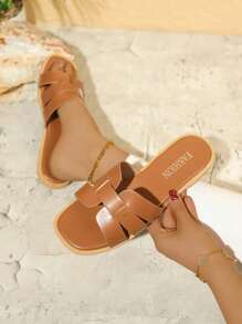 Plus Size Simple French Style Woven Flat Slide Sandals For Women, Versatile Comfy Casual Beach Slippers - Brown - View 2