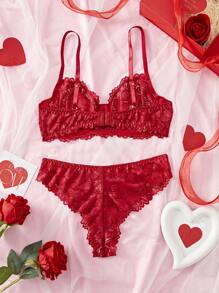Conjunto de lencería sexy con adorno de encaje para mujer - Burdeos - Ver 2