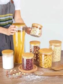 1pc Glass Material Food Storage Container, Candy Jar, Nuts Storage Bottle, Popcorn Container, Suitable For Home Kitchen And Dining Room Organization
