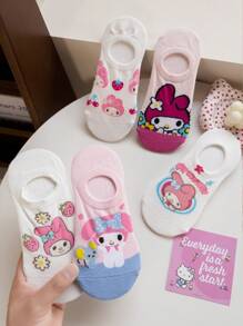 Sanrio Melody,‌,‌ ,,,Badtz-Maru,, 5 Pairs Women And Men's/Couple Boat Socks, Personalized, Funny, Happy,Colorful, Creative Anime Cartoon Design, Holiday Gift, Comfortable And Breathable, Improve Family Atmosphere, Fashionable And Suitable For Both Men And Women. Interesting Socks, Crazy, Anime, Multi-Color Socks Without Cardboard - Multicolor - View 4