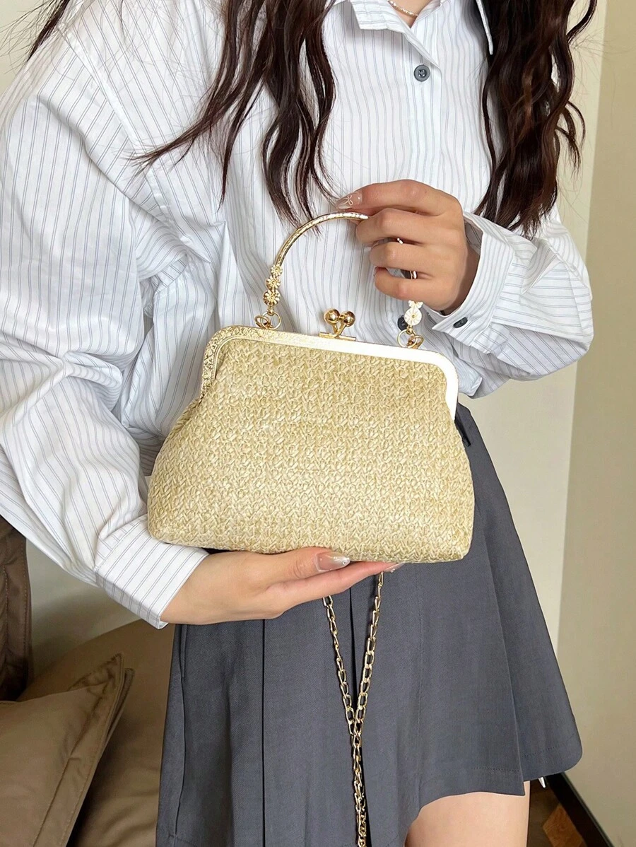 女士时尚编织手柄顶部拉链单肩链条斜挎包 - 卡其色 - 查看 1