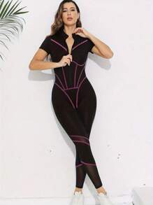 Women's Contrast Trim Yoga Jumpsuit - Black - View 3