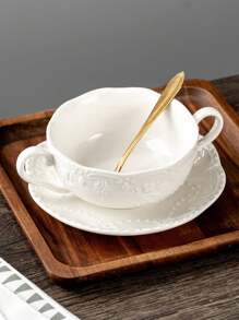 1套陶瓷双耳碗带盖，1碗+1盘+1金樱花勺，蝴蝶3D浮雕图案，多功能，大容量，设计优雅，适用于餐厅，家庭，咖啡厅，宴会，可用作汤碗，沙拉碗，面碗，适用于烤箱和微波炉，餐具，厨房用品，沙拉，水果，意大利面，厨房配件 - 白色 - 查看 10