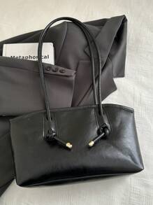 1 pezzo Borsa da bowling in PU imbottito a tinta unita con zip, borsa a tracolla di grande capacità, nuova moda con tocco vintage, borsa a tracolla con decoro in corda annodata, adatta per uso quotidiano delle donne - nero - Visualizzare 10