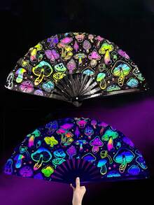 1 Peça Leque de Mão Grande de UV para Festa de Música de Carnaval, Show e Presente, Leque de Mão Dobrável de Luz UV para Presente, Festival de Música, Carnaval, Fantasia Arco-íris, Festa de Disco, Festa Neon, Suprimentos de Decoração de Festa Luminosa