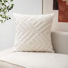 1pc Plush Geometric Pattern Cushion Cover, Bohemian Style, Suitable For Living Room, Bedroom, Home Decor, All Seasons - Milky White - View 3