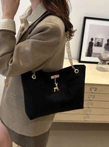 1pc Polyester Deer Pattern Decorative Large Capacity Zipper Shoulder Tote Bag, Suitable For Women's Daily Use - Black - View 5