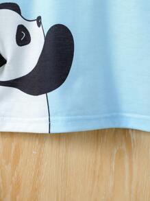 2 piezas Conjunto de niño pequeño con estampado de panda, sin mangas, cuello redondo, pantalones cortos de unicolor, adecuado para salidas diarias en verano - Azul - Ver 5