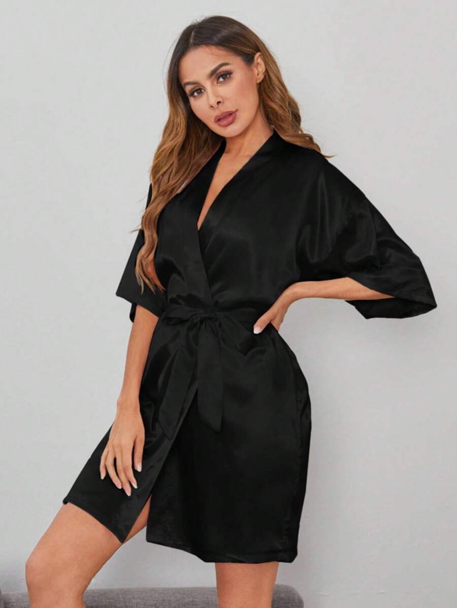1pc Women's Solid Color Short Sleeve Bathrobe, Suitable For Spring/Summer Wear At Home, Solid Color Short Sleeve Bathrobe - Suitable For Spring/Summer, Home, Hotel, Party And Other Occasions, Can Also Be Worn In Winter - Black - View 1