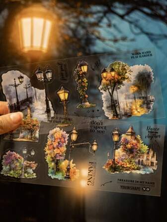 1 bok/18 ark stora vintage-lyktstolpe- och månskensklistermärken för att göra kort, gör-det-själv-planerare, scrapbooking, albumdekoration, skolmaterial, skolstart