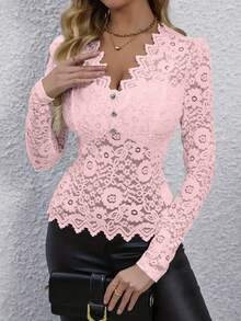 Sexy Spring/Summer Birthday Party V-Neck Lace Crochet Long Sleeve Tee Shirt, Elegant Heart Button Decor, Honeymoon Vacation Resort - Baby Pink - View 7
