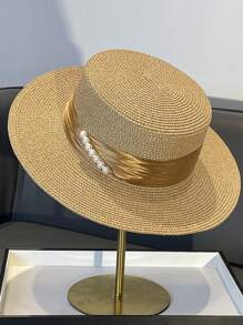 Sombrero de paja estilo francés de copa plana con cinta de perlas en el borde, sombrero de sol para mujer para viajes y vacaciones de verano, gorra de estilo británico para influencer con protección solar, sombrero sólido y casual de poliéster con protección UV y contra el viento, para primavera/verano