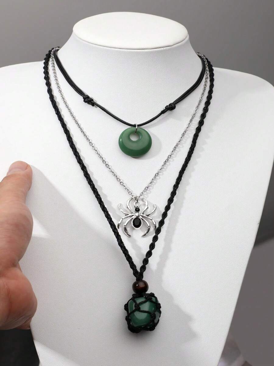 3 件装复古哥特式水钻蜘蛛和玻璃翡翠般的绿色和浅绿色幸运吊坠可调节绳项链套装、Ins、Y2K 波西米亚风格女士珠宝 - 綠色 - 查看 1