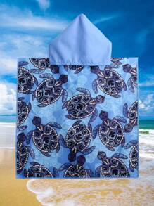 1pc Oversized Thick Absorbent Thermal Printed Ren Hooded Bath Robe Back To School - Blue and White - View 1