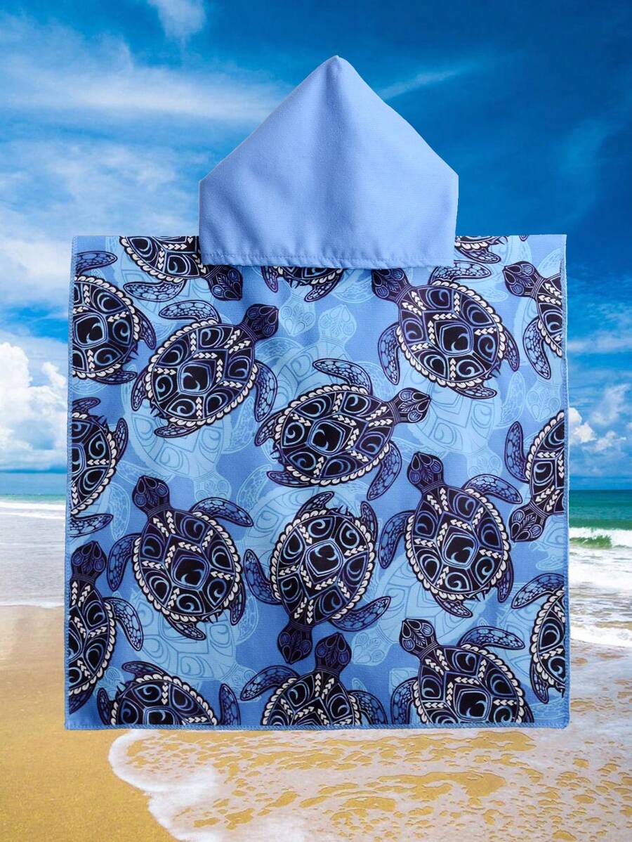 1pc Oversized Thick Absorbent Thermal Printed Ren Hooded Bath Robe Back To School - Blue and White - View 1