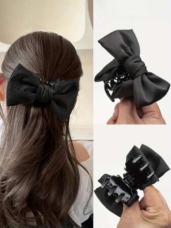Silky Satin Bow Hair Claws, Sweet Bow Barrette, Polyester (Polyester) Acrylic Hair Clips, New Bohemian Style, Suitable For All Seasons,Hair Accessories,Claw Clips,Hair Jaw Clip,Hair Clutch, Black Hair Accessories Fall Winter For Vacation Outfits Woman