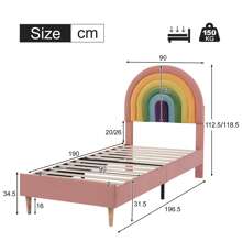 90*190 Upholstered Bed With Slatted Bed Frame And Headboard, Youth Bed, For Adults And Teens, Rainbow Shaped Upholstered Backrest, Wooden Slat Support, Easy To Assemble, Height Adjustable Headboard, Velvet, Pink - Pink - View 8