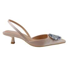 BELOVELY 女式小猫高跟鞋 莱茵石封闭式鞋头低跟露跟鞋 尖头踝带优雅婚鞋 [ORDER-10] - 米色 - 查看 4