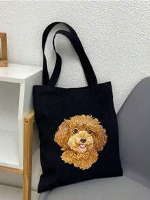 Chic Poodle Print Linen Tote Bag, Reusable Printed Women'S Tote Bag, Double Handle Shopping School Bag, Large Capacity Shoulder Bag, Casual Tote Bag, Christmas Storage Bag, Suitable For Commuting, School And Shopping, Convenient For Outdoor Use, Gift For Friends And Besties, Teacher Gift, Perfect Choice For Vacation And Festival, Best Teacher Christmas, Thanksgiving Gifts