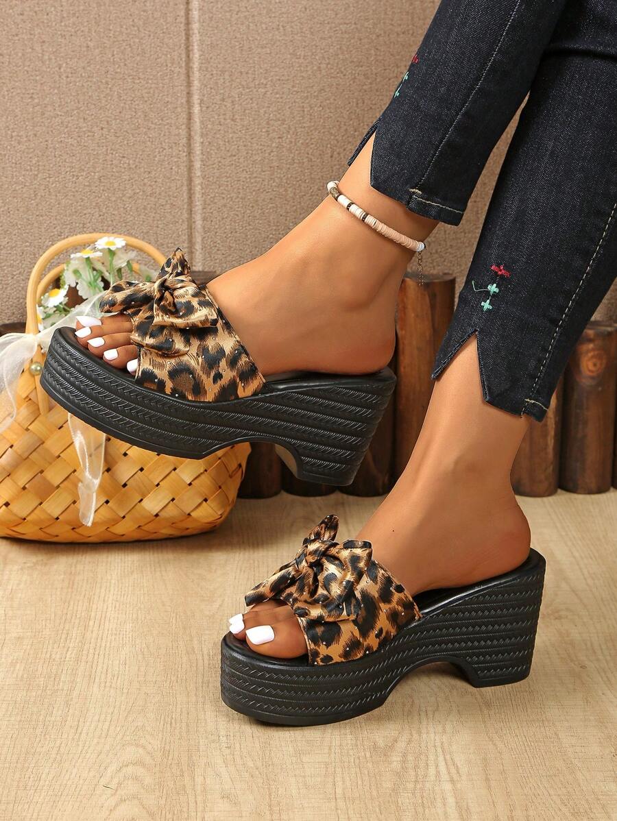 Women's Plus Size Wedge Thick Sole Open Toe Leopard Print Bow Embellished Slide Sandals