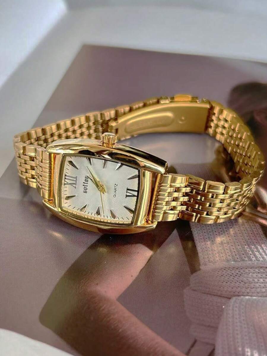 sottas Ny minimalistisk fyrkantig guldfärgad tunnformad numerisk urtavla Casual Niche Lyxig elegant klassisk retro damkvartsklocka med stålband - Vitt - Visa 1