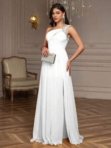 Everly L Summer Sparkling Diamond One-Shoulder Thigh-Slit Party Dress Easter Dress Women - White - View 6