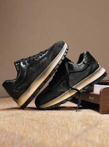 Zapatillas deportivas cómodas y transpirables de piel perforada de corte bajo para hombres, con suela gruesa antideslizante y casual tipo chunky, para uso atlético