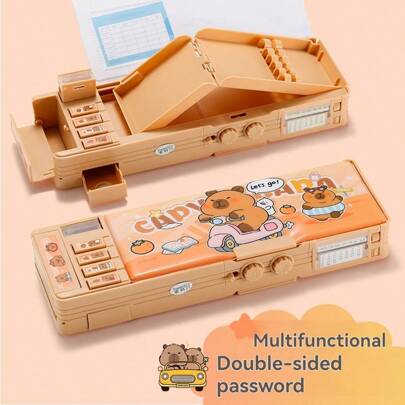 1pc נעילת סיסמה קופסת כתיבה, שכבה כפולה רב תכליתי קפיברה מצוירת חמודה קלמר, עמיד למים עמיד נגד שריטות באיכות גבוהה ציוד לבית ספר קופסת אחסון לגברים ונשים, תיק