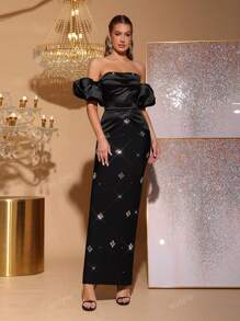 Nuovo arrivo abito da donna nero con decorazioni in paillettes, sexy con spalle scoperte e schiena scoperta, maniche a lanterna, vestito fasciante. Adatto per matrimoni, feste e occasioni formali. Abito da festa, abito da ospite di matrimonio, abito da sera, vestito da cerimonia.