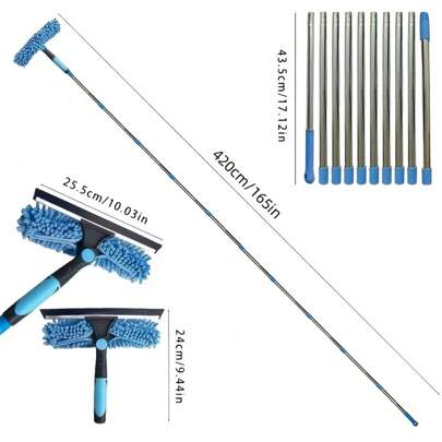 1 Set 2-In-1 Window Cleaning Brush And Squeegee Kit, With Extendable Stainless Steel Handle, Reusable Squeegee Blade, Suitable For Outdoor And Glass Cleaning, Includes Multiple Components And Machine Washable Chenille Cloth, Brush Cleaning Tools