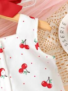 Top fără mâneci cu imprimeu cireș drăguț pentru fetițe, cu set de pantaloni scurți cu fundă 3D, vine cu bandă pentru cap