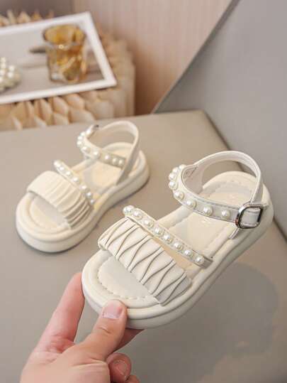 1 双女孩/儿童舒适蕾丝蝴蝶结装饰公主派对平趾环凉鞋，适合夏季