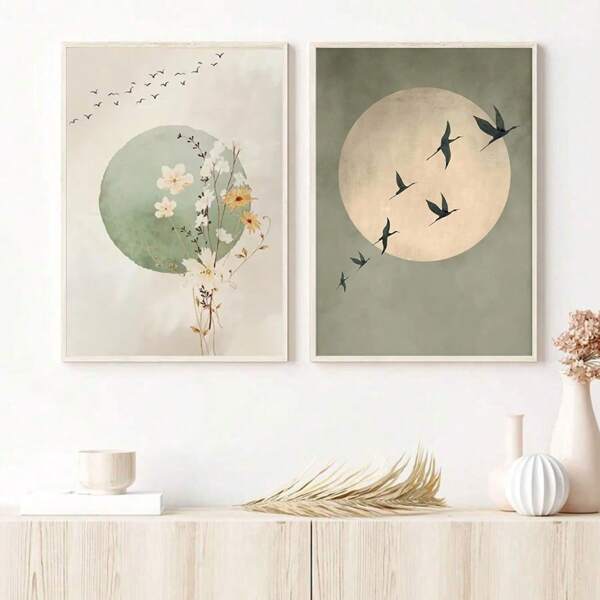 1 pieza/2 piezas Pósteres de arte de pared Japandi vintage verde salvia Wabi-Sabi - Impresión en lienzo de flores botánicas, pájaros y luna abstractos para sala de estar, dormitorio, baño, dormitorio, cocina - Regalo perfecto, decoración de habitación, decoración del hogar neutra, decoración de Halloween, Navidad, Año Nuevo (con opción de marco)