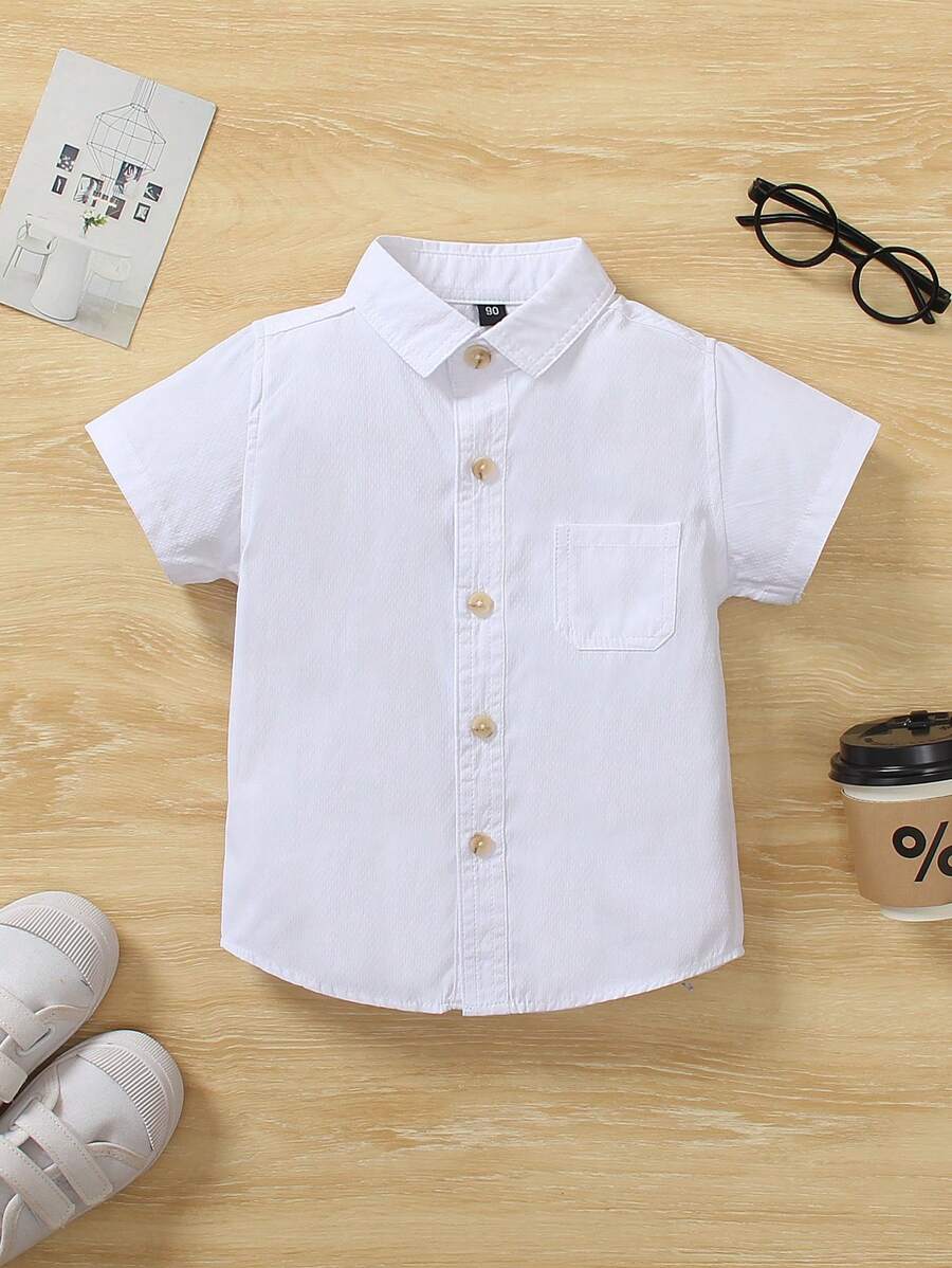1 Stück Kinder Lässig Hemd mit einzelner Tasche und Blumenkragen, weiß, zum Tragen im Frühling/Sommer, geeignet für Strand, Freizeitpartys, Geburtstagsfeiern, Ansprachen junger Gastgeber