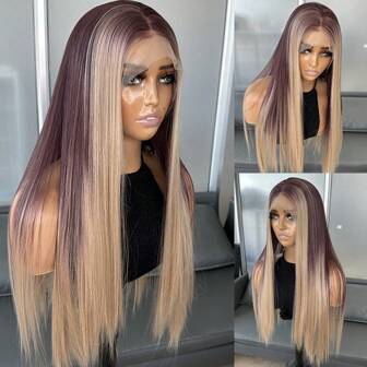 Peruki syntetyczne Kanekalon Futura Hair Blonde Ombre 13x6 z koronką z przodu dla kobiet, 22 cale, długie, proste, bez kleju, odporne na klej, syntetyczne peruki z włosów Kanekalon, część wolna, gęstość 150%, gotowe do noszenia, peruki syntetyczne na co dzień, imprezy, festiwale, święta, peruki dla początkujących, peruki z koronką przezroczystą