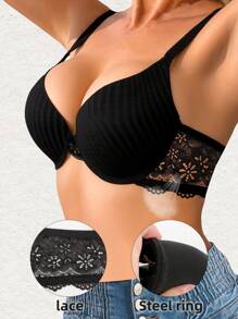 Sujetador con aros Push Up sexy para mujer, sujetador de encaje de unicolor, top corto, sujetador con recogido, brasier, lencería, ropa interior femenina sin espalda