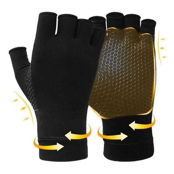 1 Par de Luvas de Compressão para Mulheres e Homens, Luvas de Fibra de Cobre de Meia Digitação, Design Anti Derrapante em Forma de Favo de Mel na Palma, Proteção Respirável para Esportes, Luvas de Proteção Macia de Punho para Ciclismo, Direção, Corrida, Levantamento de Peso, Golfe, Badminton